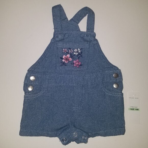 NWT Kids Headquarters Blue Shortalls Baby Girl 18 Months Overall Shorts Flowers - Picture 1 of 5